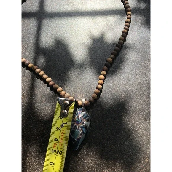 Handblown Glass Pendant On 20” Wooden Bead Necklace Boho Style Artisan Made 2008 - Picture 11 of 16